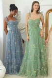 A-line Sweetheart Grey Blue Embroidery Long Prom Formal Dress PSK330 - Pgmdress