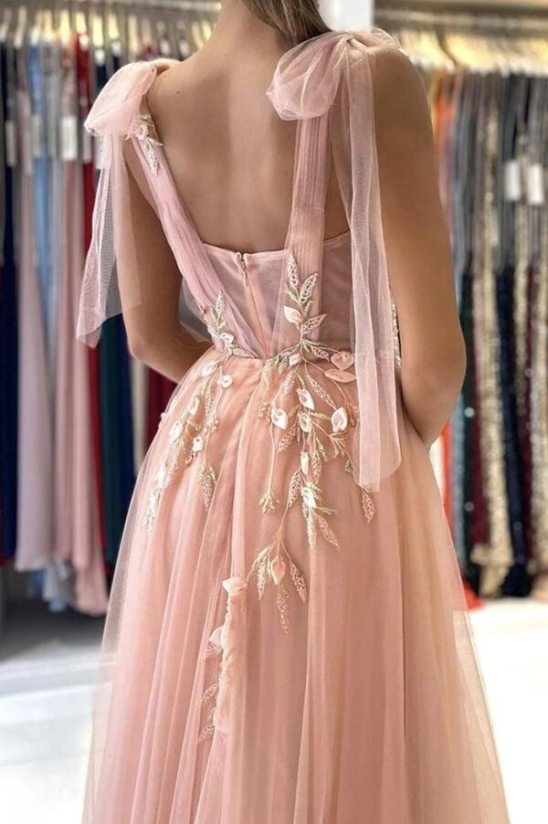 A-line Tulle Floral Lace Pink Tulle Prom Dress Split Evening Dress –  Pgmdress