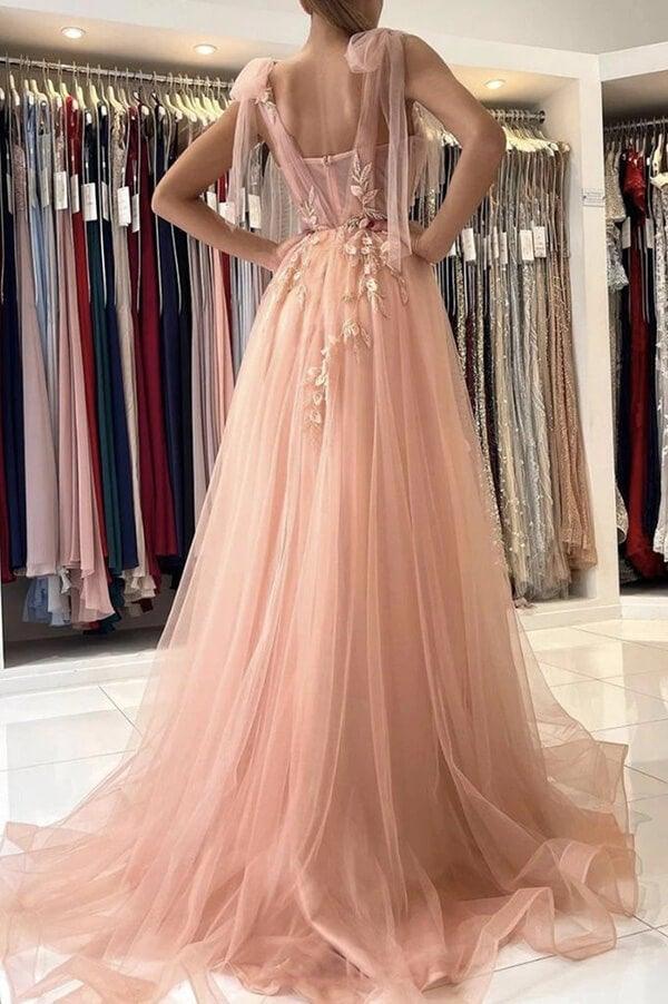 A-line Tulle Floral Lace Pink Tulle Prom Dress Split Evening Dress PSK279 - Pgmdress