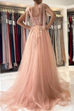 A-line Tulle Floral Lace Pink Tulle Prom Dress Split Evening Dress PSK279 - Pgmdress