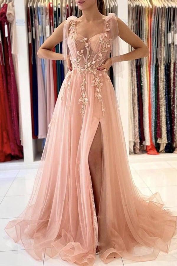 A-line Tulle Floral Lace Pink Tulle Prom Dress Split Evening Dress PSK279 - Pgmdress