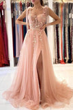 A-line Tulle Floral Lace Pink Tulle Prom Dress Split Evening Dress  PSK279