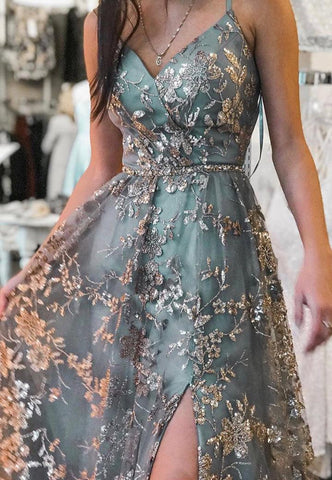 A-line Tulle Straps Sequins Lace Prom Dress Split Evening Dress PSK298 - Pgmdress