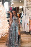 A-line Tulle Straps Sequins Lace Prom Dress Split Evening Dress PSK298