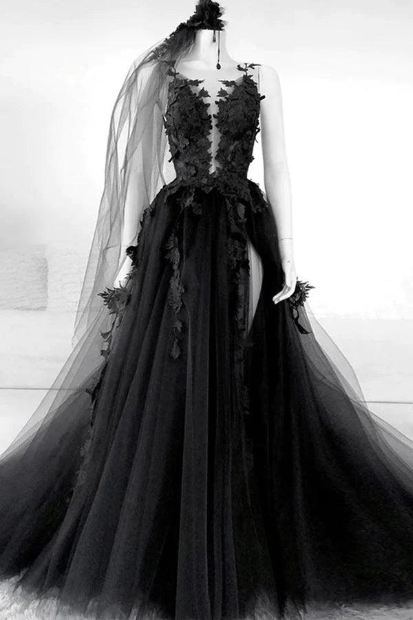 A-line V Neck Black Floral Long Prom Dresses Split Evening Dress PSK431 - Pgmdress