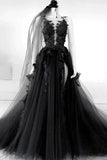 A-line V Neck Black Floral Long Prom Dresses Split Evening Dress PSK431