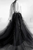 A-line V Neck Black Floral Long Prom Dresses Split Evening Dress PSK431 - Pgmdress