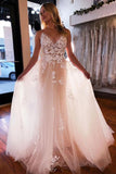 A-line V Neck Light Champagne Tulle Ivory Lace Wedding Dress WD595