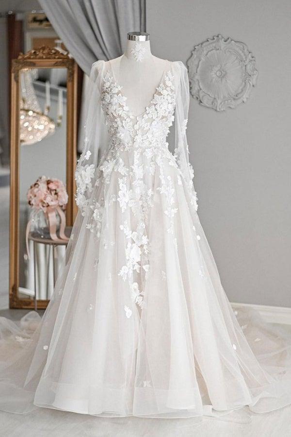 A-line V Neck Long Sleeves Ivory Tulle Wedding Dresses Bridal Gowns WD577 - Pgmdress