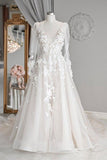 A-line V Neck Long Sleeves Ivory Tulle Wedding Dresses Bridal Gowns WD577 - Pgmdress