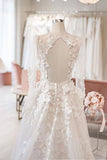 A-line V Neck Long Sleeves Ivory Tulle Wedding Dresses Bridal Gowns WD577 - Pgmdress