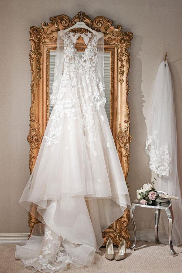 A-line V Neck Long Sleeves Ivory Tulle Wedding Dresses Bridal Gowns WD577 - Pgmdress