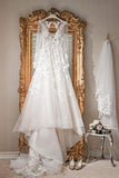 A-line V Neck Long Sleeves Ivory Tulle Wedding Dresses Bridal Gowns WD577