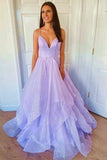 A-ligne V Cou Princesse Lavande Tiered Tulle Sparkly Prom Dress PSK270