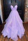 A-line V Neck Princess Lavender Tiered Tulle Sparkly Prom Dress PSK270 - Pgmdress