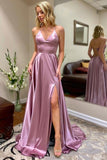 A-line V Neck Straps High Split Long Prom Dress With Pockets PSK239 - Pgmdress