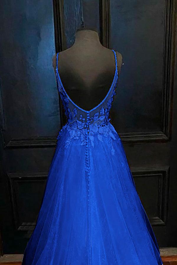 A-line V Neck Straps Tulle Royal Blue Prom Dress With Appliques PSK388 - Pgmdress