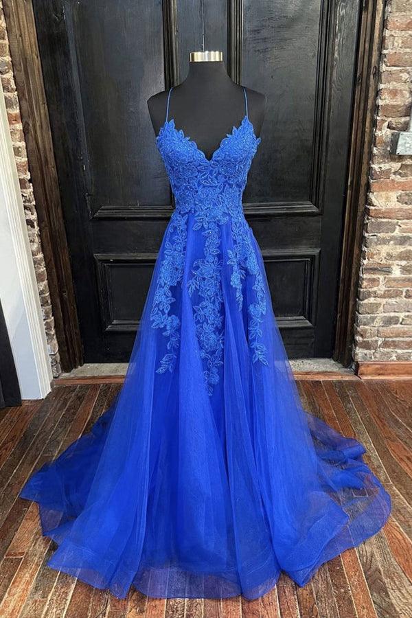 A-line V Neck Straps Tulle Royal Blue Prom Dress With Appliques PSK388 - Pgmdress