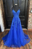 A-line V Neck Straps Tulle Royal Blue Prom Dress With Appliques PSK388 - Pgmdress