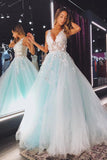 A-line V Neck Tulle Lace Floral Long Prom Dress Formal Dress PSK347