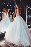 A-line V Neck Tulle Lace Floral Long Prom Dress Formal Dress PSK347 - Pgmdress