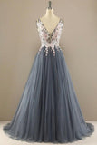 A-line V Neck Tulle Prom Dress Floral Lace Formal Dress PSK323