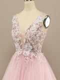 A-line V Neck Tulle Prom Dress Floral Lace Formal Dress PSK323 - Pgmdress