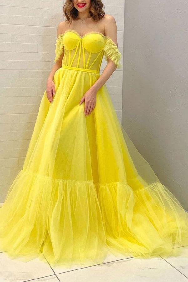 A-line Yellow Off The Shoulder Tulle Long Prom Dress Evening Dress PSK294 - Pgmdress