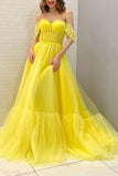 A-ligne jaune hors de l'épaule tulle longue robe de bal robe de soirée PSK294