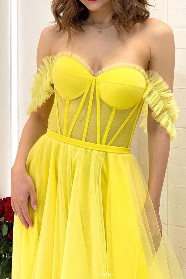 A-line Yellow Off The Shoulder Tulle Long Prom Dress Evening Dress PSK294 - Pgmdress