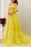 A-line Yellow Off The Shoulder Tulle Long Prom Dress Evening Dress PSK294 - Pgmdress