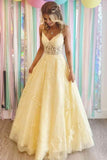 A-line Yellow V-Neck Appliques Long Prom Dress Formal Dress PSK318 - Pgmdress