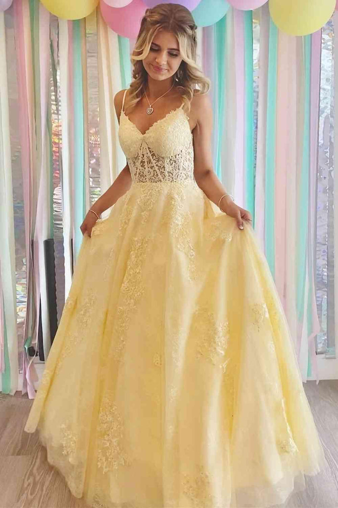 A-line Yellow V-Neck Appliques Long Prom Dress Formal Dress PSK318 - Pgmdress