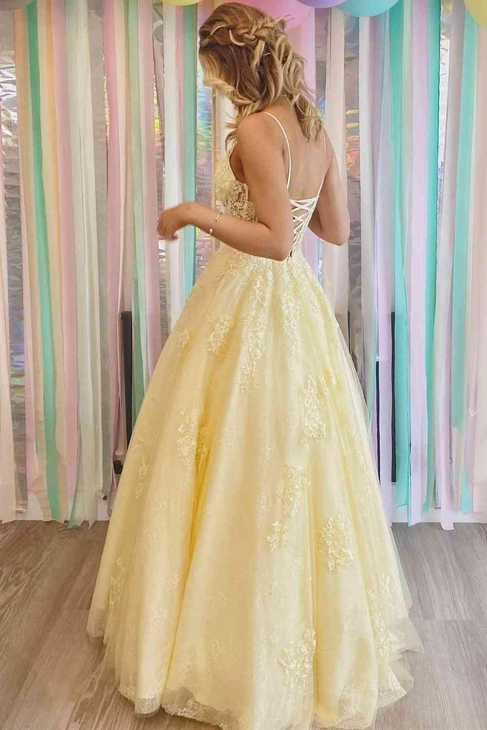 A-line Yellow V-Neck Appliques Long Prom Dress Formal Dress PSK318 - Pgmdress