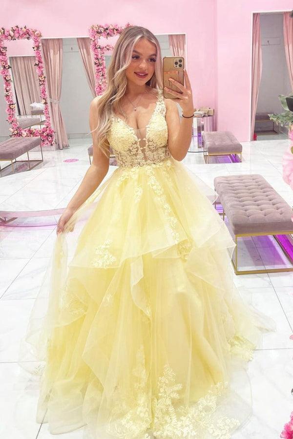 A-line Yellow V Neck Tulle Lace Long Prom Dress Evening Dress PSK284 - Pgmdress