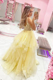 A-line Yellow V Neck Tulle Lace Long Prom Dress Evening Dress PSK284 - Pgmdress