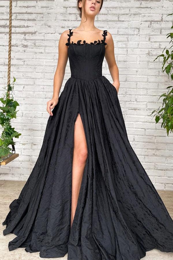 A Line Taffeta Split Black Long Prom Dress With Pockets PSK368-Pgmdress