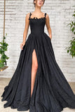 Langes Abendkleid in A-Linie aus schwarzem Taft mit Schlitz und Taschen PSK368