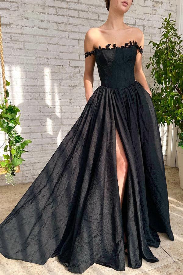 A Line Taffeta Split Black Long Prom Dress With Pockets PSK368-Pgmdress