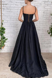 A Line Black Taffeta Split Long Prom Evening Dress With Pockets PSK368 - Pgmdress