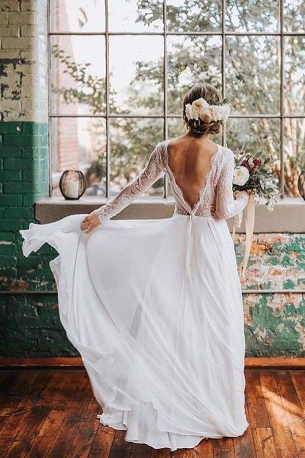 A Line Boho Lace Long Sleeves Open Back Rustic Wedding Dresses WD580 - Pgmdress