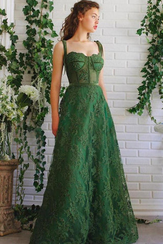 A Line Dark Green Lace Prom Dresses Spaghetti Straps Neck Formal Dress PSK252 - Pgmdress