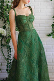 A Line Dark Green Lace Prom Dresses Spaghetti Straps Neck Formal Dress PSK252 - Pgmdress