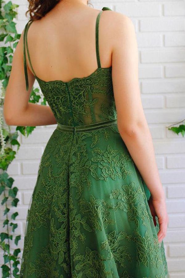 A Line Dark Green Lace Prom Dresses Spaghetti Straps Neck Formal Dress PSK252 - Pgmdress