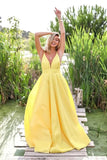 A Line Deep V Neck Backless Sweep Train Yellow Prom Dress PSK144 - Pgmdress