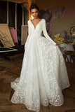 A Line Elegant Long Sleeves V Neck Beach Wedding Dress Bridal Gown  WD551