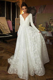 A Line Elegant Long Sleeves V Neck Beach Wedding Dress Bridal Gown WD551 - Pgmdress