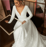 A Line Elegant Long Sleeves V Neck Beach Wedding Dress Bridal Gown WD551 - Pgmdress