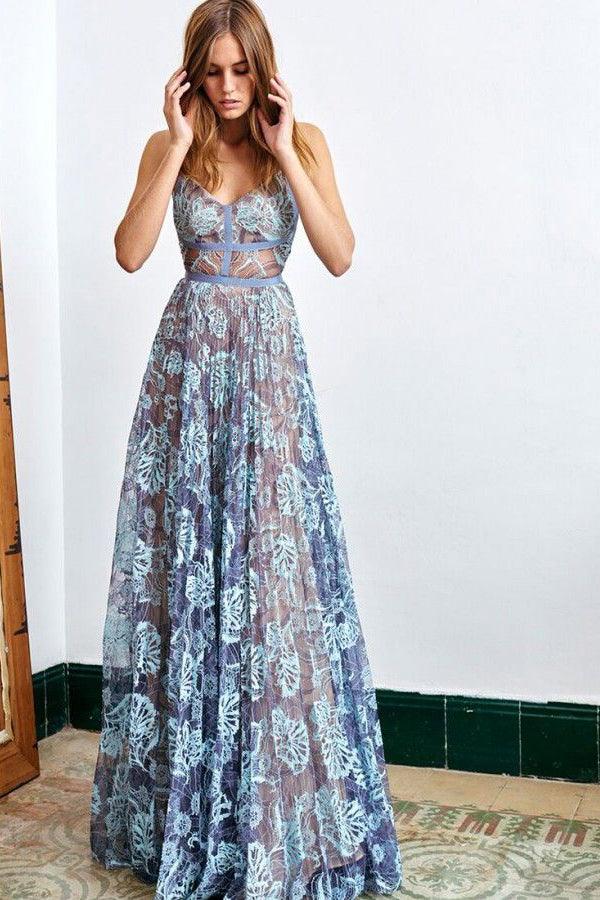 A Line Floor Length V Neck Spaghetti Sleeveless Lace Prom Dress PSK087 - Pgmdress