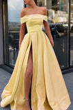 A Line Off the Shoulder Satin Pink High Split Prom Dresses Formal Dresses PSK057 - Pgmdress